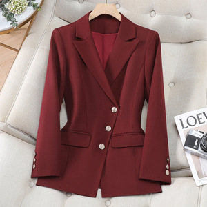 Women's Burgundy Blazer Slim Fit Solid Color Professional Workwear Top Spring Autumn Style - Product Image 1