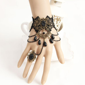 Makeup Ball Schwarze Spitze Sexy <span class=keywords><strong>Vintage</strong></span> Spitze Kristall Armband mit Ring integrierte Kette - Product Image 1