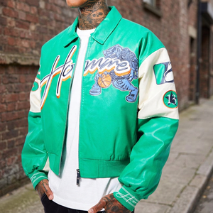 Chaqueta Bomber Gruesa Impermeable Ecológica de Lana/Viscosa Verde para Hombre, Estilo Urbano con Estampado de Personajes, Cuello Camisero y Cierre de Cremallera Frontal - Product Image 4