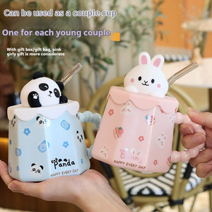 Tasse en céramique mignonne avec couvercle et paille tasse à café de bureau d'appel élevé pour les filles tasse à boire de l'eau - Product Image 2