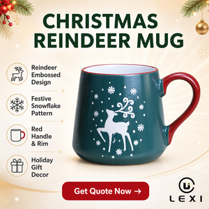 Tasse à café de Noël en céramique avec rennes, poignée et rebord rouges, silhouette de flocon de neige blanche, vert mat profond, cadeau de Noël, vente en gros - Product Image 1