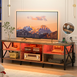 Soporte <span class=keywords><strong>de</strong></span> TV LED industrial moderno para televisores <span class=keywords><strong>de</strong></span> hasta 65 pulgadas, consola <span class=keywords><strong>de</strong></span> Panel <span class=keywords><strong>de</strong></span> madera y Metal resistente con estantes abiertos para sala multimedia en el hogar - Product Image 3