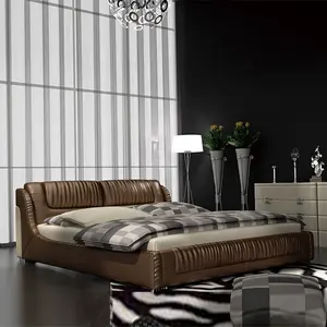 棕色现代木床框架花式皮革圆床设计特大号床头板灰姑娘床