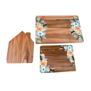 Tabla de cortar decorativa para cocina, Linda Tabla de servir charcutería, juego de Tablas de cortar de madera de acacia floral