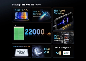 NUEVO <span class=keywords><strong>WP19</strong></span> <span class=keywords><strong>Pro</strong></span> 2023, Resistente, LTE, Octa Core, Batería de 22000 mAh, 12 GB, 256 GB, Cámara Trasera de 64 MP, Pantalla AMOLED de 120 Hz, Carga Rápida de 33 W, Español, Alemán - Product Image 2