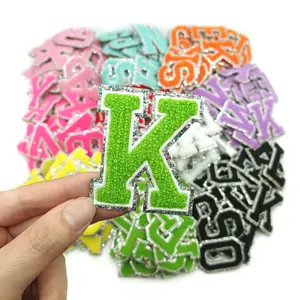 New Green Silver Edge Glitter Bling Chenille 6.5cm Embroidered Iron-On Letter Patches Green Letter