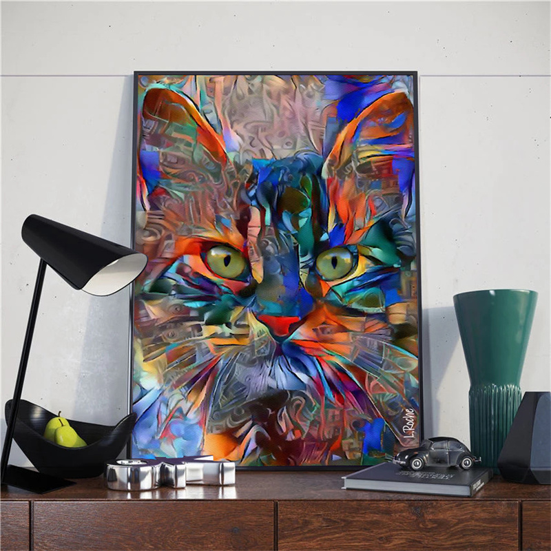 Guying Art Pittura su tela Astratta Gatto Poster e stampe Animali colorati Immagini di arte della parete per vivere Decorazioni per la camera dei bambini 70x90 cm Senza cornice