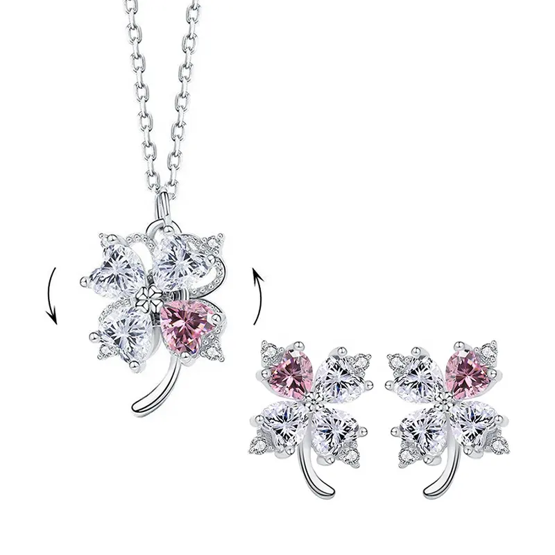 Daidan Set di gioielli con quadrifoglio in argento 925 girevole Dainty Cubic Pink Zirconia Cz Set di gioielli con quadrifoglio