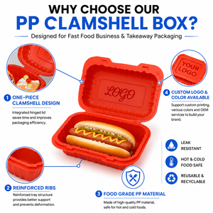 กล่องใส่ฮอทดอก/แฮมเบอร์เกอร์แบบฝาพับ PP ขนาด 9x6 นิ้ว บรรจุภัณฑ์อาหารแบบกำหนดโลโก้ได้ กล่องอาหารแบบนำกลับบ้าน ขายส่ง - Product Image 3