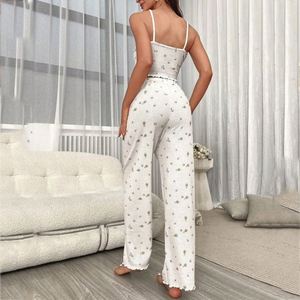 Pyjama décontracté gaufré à motif floral pour femme, taille XL, respirant, absorbant la transpiration, confortable, avec pantalon à bretelles pour la maison - Product Image 4