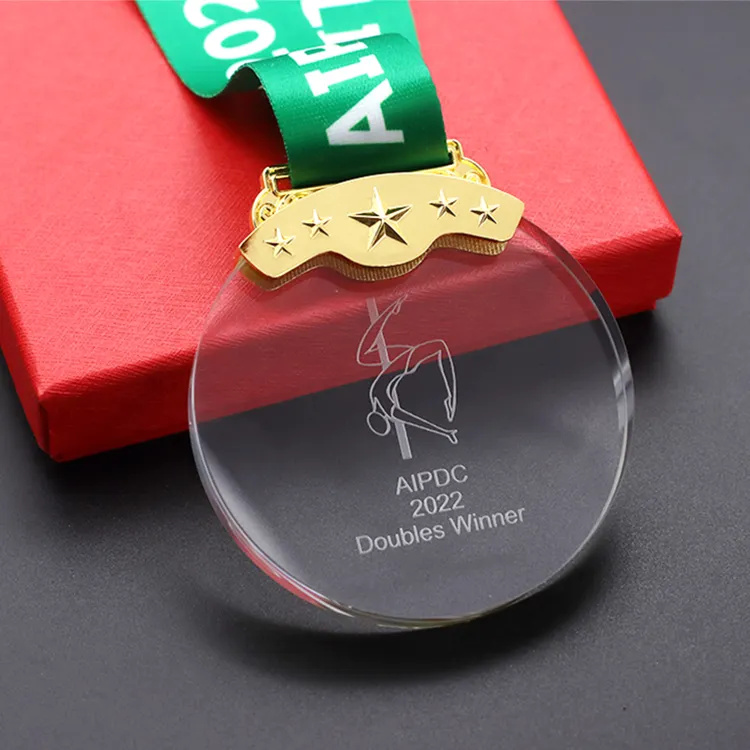 Medalha de vidro de cristal de plástico, gravado a laser personalizado, venda imperdível