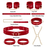 Ensemble de 7 Pièces Menottes Réglables Cheville Cuisse Manchette Sangle Croisée Ceinture Collier Chaîne Kit BDSM de Contraintes Sexuelles pour Jeux de Couple