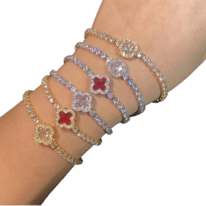 Pulsera de latón con diseño de nicho, cadena de tenis, cierre de trébol con circonitas, elegante y moderna, para mujer, joyería de aniversario - Product Image 1