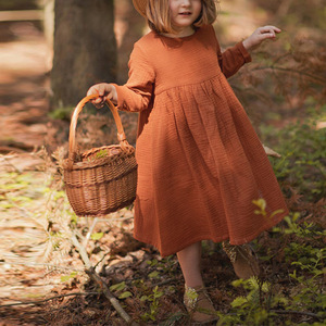 Vestido de Princesa de Algodón Muselina Naranja Sólido para Niñas de 6-7 Años, Nuevo Estilo Coreano, Color Puro, Manga Larga, Informal, para Otoño - Product Image 1