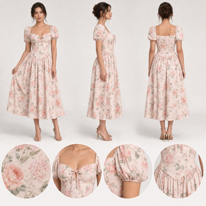 Viral Aesthetic Vintage Rose Floral Corset Midi <strong>Dress</strong> Women Square Neck Puff Sleeve Bow Garden Wedding Guest Cocktail <strong>Dress</strong> - Product Image 2