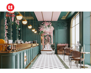 European Cafe Shop Interior Decoration | Customized Green Coffee Counter & Fashion Milk Tea Bar Showcase with LED <b>Lighting</b> - Product Image 3