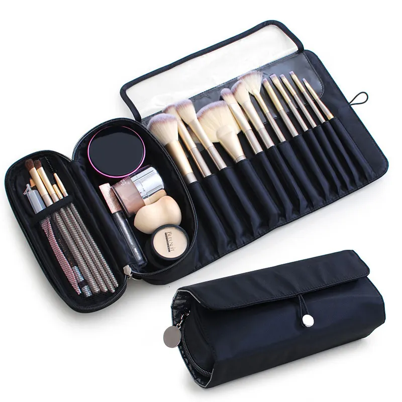 Bolsa de maquillaje de lujo con cremallera de nailon profesional, bolso cosmético de viaje con partición transparente, color negro, nuevo diseño