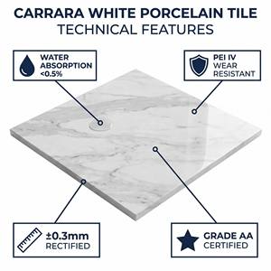 Baldosa <span class=keywords><strong>de</strong></span> Porcelana Blanca Carrara <span class=keywords><strong>de</strong></span> 600x600 mm, Acabado Brillante, Aspecto <span class=keywords><strong>de</strong></span> Mármol, Grado AA, para Baños y Hoteles, Directo <span class=keywords><strong>de</strong></span> Fábrica, OEM - Product Image 6