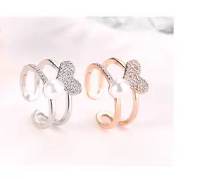 Двойные кольца, жемчуг и кольцо в форме сердца с бриллиантовой инкрустацией из циркония, латунное женское кольцо.