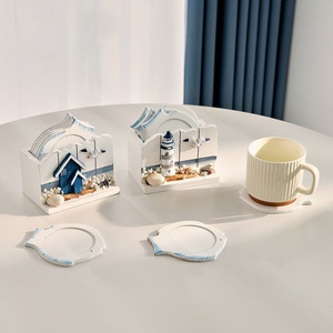 Mediterranean Wooden Coasters Lighthouse Hut Design Insulated <b>Table</b> <b>Mats</b> Desktop Decor - Product Image 2