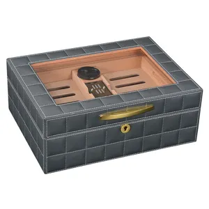 Trực Tiếp Nhà Máy Bán Hàng Xì gà Bao Bì Hộp Hình Chữ Nhật PU Da Humidor Xì gà Màu Xám Bằng Gỗ Xì gà Hộp