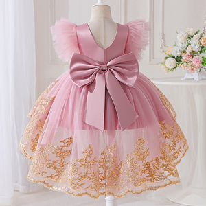 Robe de princesse en satin brodée pour petite fille, sans manches, avec grand nœud et traîne, robe de soirée pour enfant, idéale pour anniversaire ou spectacle - Product Image 3