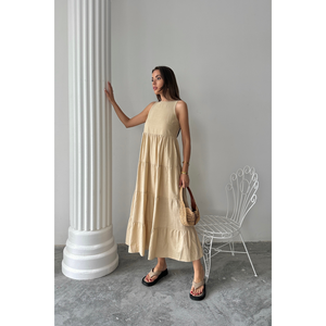 Vestido Largo sin Mangas de Lino Beige, Vestido Casual de Verano con Volantes, Talla S para Mujer - Product Image 5