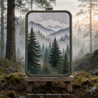 Patchs Cœur Brodés en 3D Personnalisés, Paysage Rectangulaire Forêt Brumeuse Peinture Champêtre Multidirectionnelle Thermocollant pour Chapeau