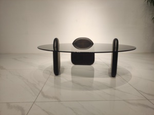 European Modern Minimalist Home Living Room Furniture 8mm-thick <strong>Grey</strong> Glass Round Center <strong>Coffee</strong> <strong>Table</strong> With Solid Ash Wood Legs - Product Image 4