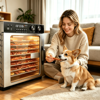 8-bakjes 600W voedseldroger met 0-48 uur timer, 30-90°C, 5 voorinstelbare modi, SUS304 roestvrijstalen bakjes voor vlees, fruit, snacks, thuisgebruik.