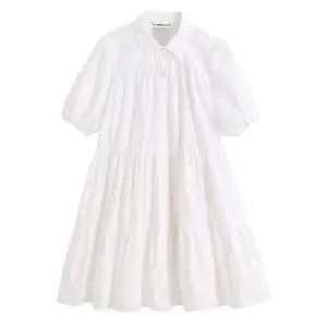W216 vintage Cute design casual elegant white loose 5 colorways short puffy sleeve women shirt cotton casual dresses