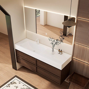 Meuble de salle de bain inhabituel Vanité de salle de bain marron foncé Vanité de bain suspendue avec miroir anti-buée Vanité d'évier côté gauche - Product Image 2