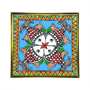 Pintura Mithila Colorida Hecha a Mano, Arte Folclórico Tradicional Indio de Jharkand, Decoración Metálica 3D para el Hogar - Product Image 1