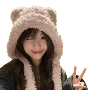 Gorro de Felpa con Orejas de Oso para Mujer, con Protector de Cuello, Forro Polar Cálido, Gorro Casual de Invierno para Mujer, Beige, Gris, Negro - Product Image 4