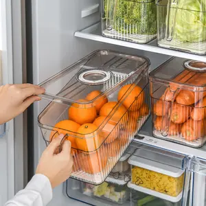 Caixas organizadoras de geladeira com tampa e bandeja de drenagem removível, recipiente de armazenamento de alimentos, caixa de congelador empilhável para geladeira, economizador de produtos