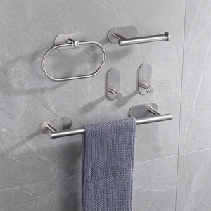 Ensemble d'accessoires de salle de bain mural écologique en acier inoxydable, auto-adhésif, réglable et antirouille, comprenant un porte-serviettes et un anneau - Product Image 1