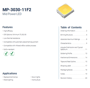 Chip LED SMD 3030 de Potencia Media Luminuss MP-3030-11F2-40-80, Blanco 4000K, Ra90, Ángulo de Visión de 120°, Vida Útil de 50000 Horas - Product Image 2