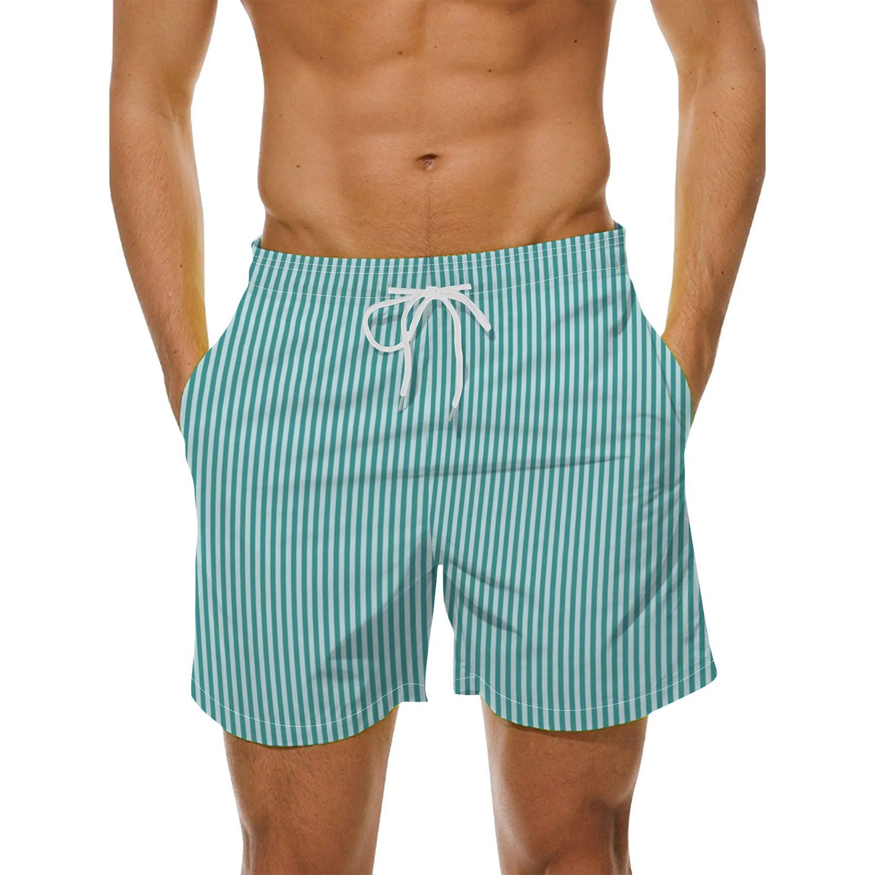 100% Polyester Hawaiian Bathing Suit Swimsuits Casual Beach Striped Shorts with Pockets L-6XL Men's Swim Trunks