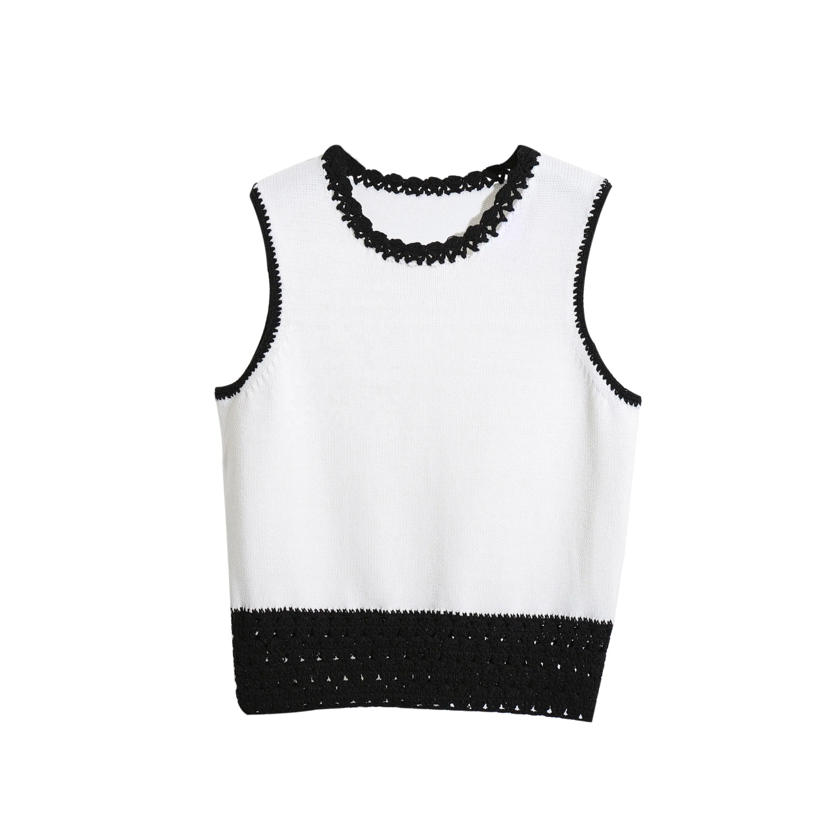 Weshallo Wholesale Luxury Torchon Lace Black White Sleeveless Knitted Cotton Sweater Vests Women