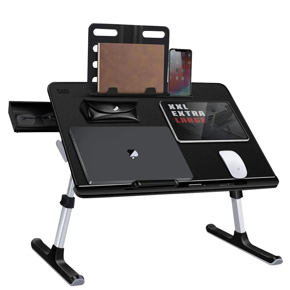 Verstellbarer Laptop-Schreibtisch aus PU-Leder Tragbarer ergonomischer 17-Zoll-Betttablett-Tisch aus Aluminium mit Schublade
