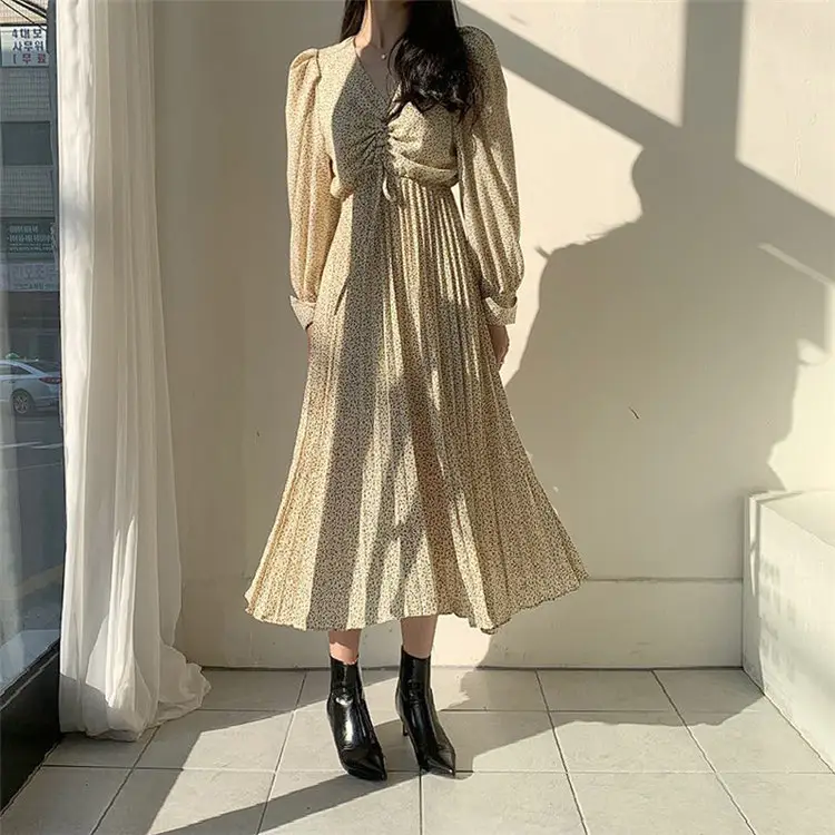 Vestido longo elegante casual feminino, maxi vestido coreano de manga comprida estampa vintage para outono e verão de 2021