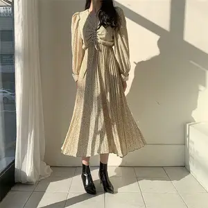 2021 New Casual Cute Autumn Summer Elegant long Dresses Korean Style Long Sleeve Chiffon Vintage Print Maxi Dresses For Women