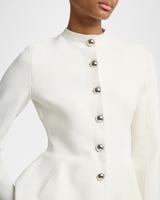 Veste blazer blanche personnalisable à col montant, boutons argentés, manches longues, taille ajustée, élégante pour le bureau