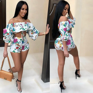 2020 nuevo diseño de <span class=keywords><strong>la</strong></span> venta caliente de <span class=keywords><strong>la</strong></span> hombro Floral Print Top Sexy Mujer Pantalones cortos 2 piezas conjuntos - Product Image 4