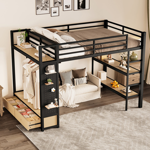 <span class=keywords><strong>Lit</strong></span> superposé moderne multifonctionnel à deux niveaux pour écoliers avec penderie, armoire de rangement, étagères de rangement et panneau suspendu - Product Image 2