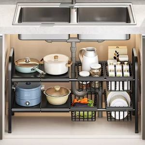 Étagère de rangement extensible pour évier de cuisine, organisateur multi-niveaux pour casseroles et ustensiles, en acier au carbone, pour armoire de cuisine à usage domestique - Product Image 1
