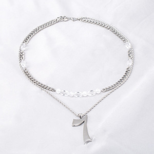 yunnique Unisex <b>Titanium</b> Steel Layered Necklace With Number 7 Pendant And Beaded <b>Chain</b> For Punk Fashion - Product Image 2