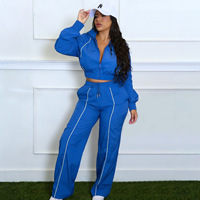 Ensemble streetwear pour femme, haut à manches longues zippé en tissu tissé coupe ample, rayures contrastées, pantalon de survêtement à jambes larges et taille élastique