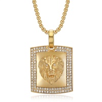 Collier Pendentif Tête de Lion Carrée RH Hiphop Incrustée de Diamants, Plaqué Or 18 carats, Acier Inoxydable, Bijou Tendance