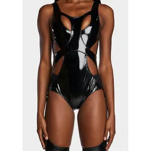 High Quality Womens Sexy 1 Piece Pu Leather Bodysuit Sexy See Through Halter Neck Underwear Women Lingerie Fetish Wear